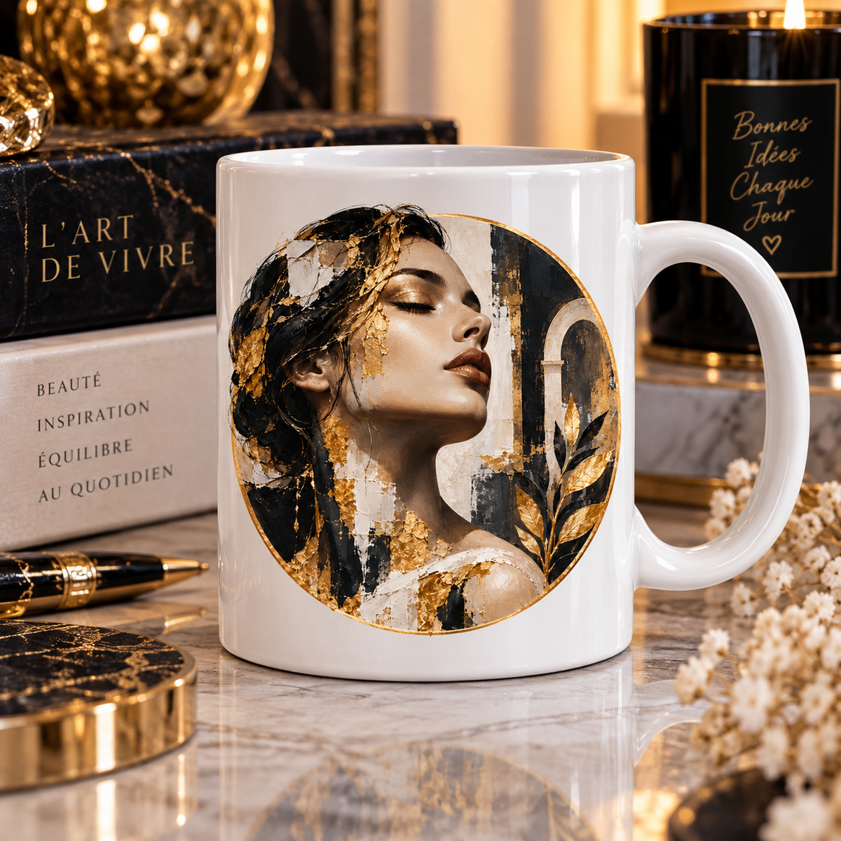 Mug médaillon doré, portrait féminin art déco noir et or