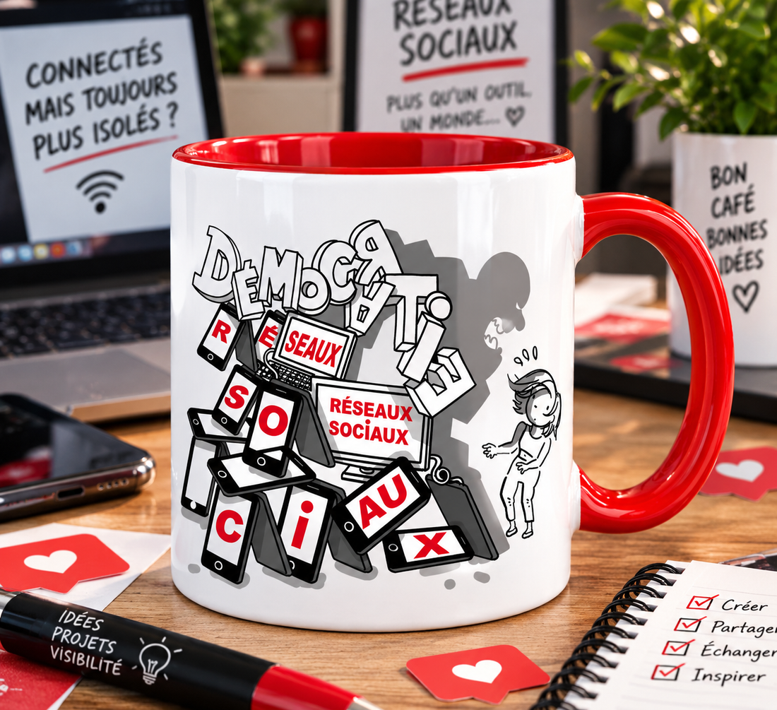 Mug Démocratie et réseaux sociaux, dessin engagé