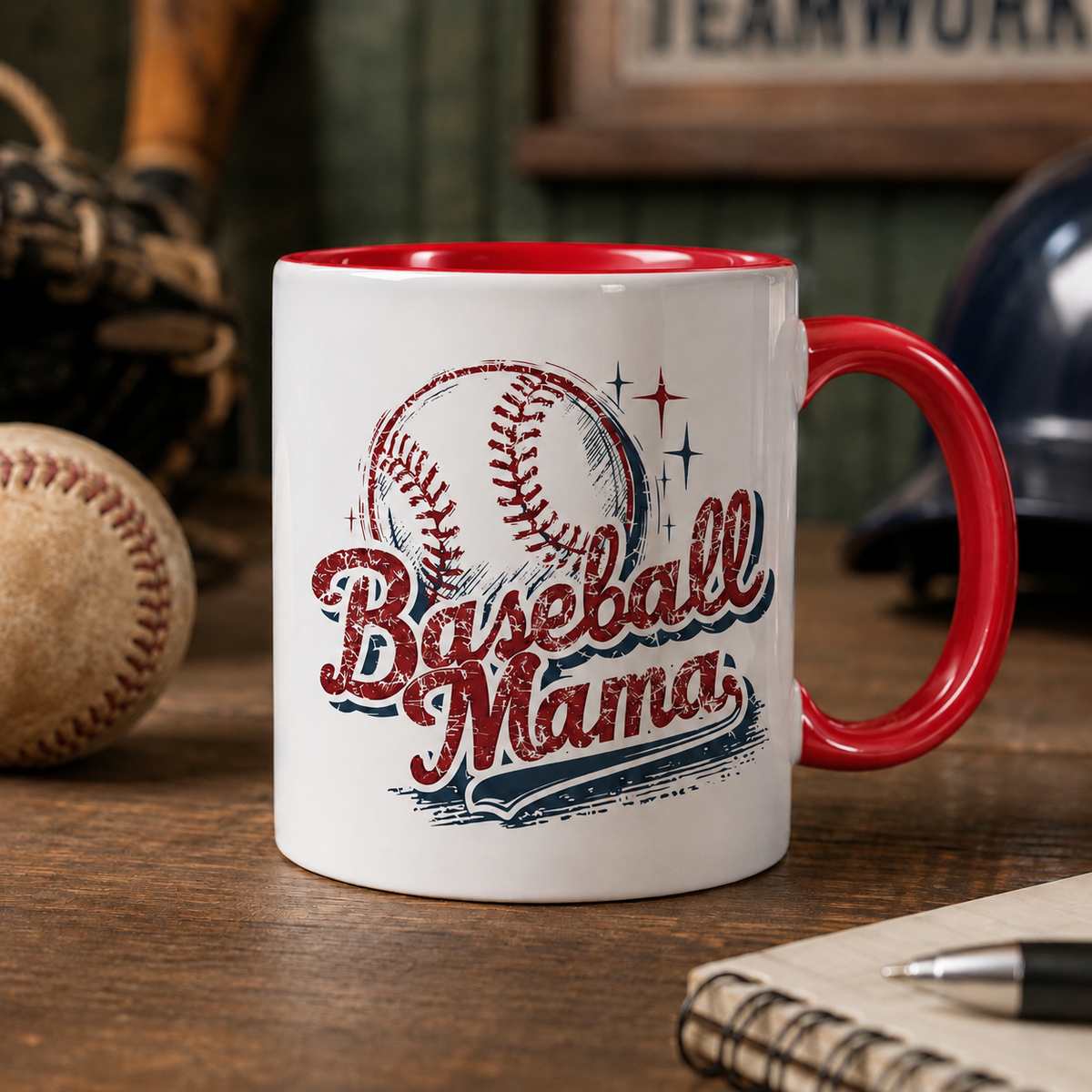 Mug Baseball Mama intérieur et anse rouge