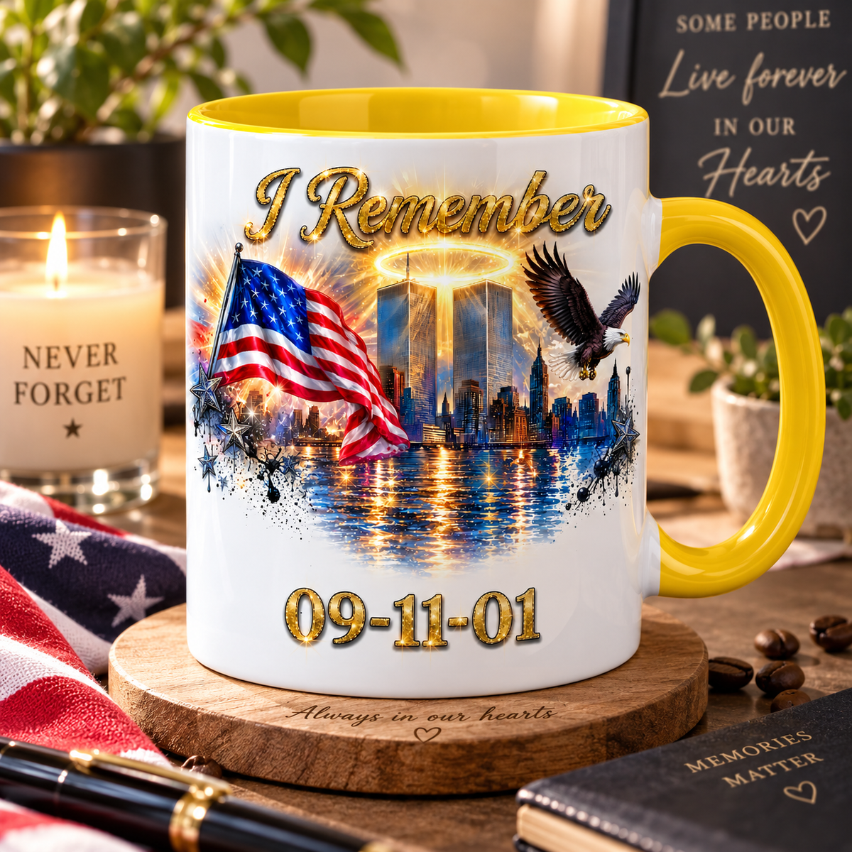 Mug blanc anse jaune, hommage 11 septembre 2001 : tours jumelles, drapeau américain, aigle et date 09-11-01