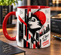 Mug blanc anse rouge : affiche street art noir, blanc et rouge, visage de femme, soleil rouge et slogan L'art fait vivre