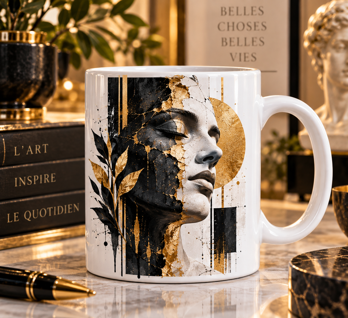 Mug blanc, illustration art déco : visage de femme fendu entre texture noire craquelée et plâtre blanc, feuille d'or, disque solaire doré et feuillage noir et or