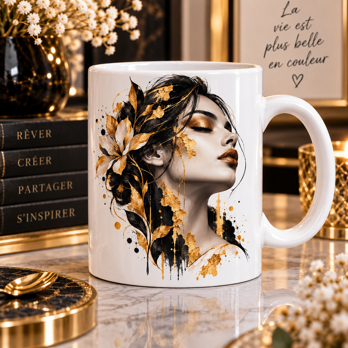 Mug blanc, illustration art déco : profil de femme aux paupières dorées émergeant d'un feuillage noir et or, grande fleur pâle et coulures de peinture