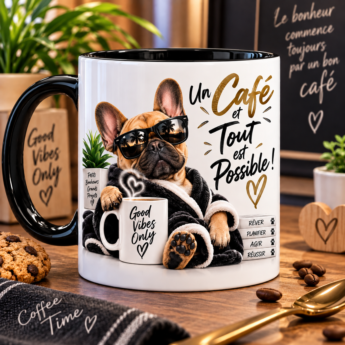 Mug blanc à anse noire, illustration : un bouledogue français en peignoir et lunettes de soleil tient une tasse de café, avec la citation « Un café et tout est possible »