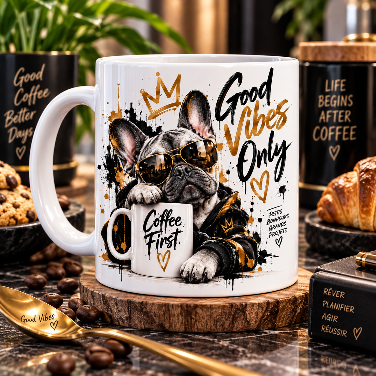 Mug entièrement blanc, illustration street art noir et or : un bouledogue français en lunettes aviateur tient une tasse Coffee First sous le slogan Good Vibes Only
