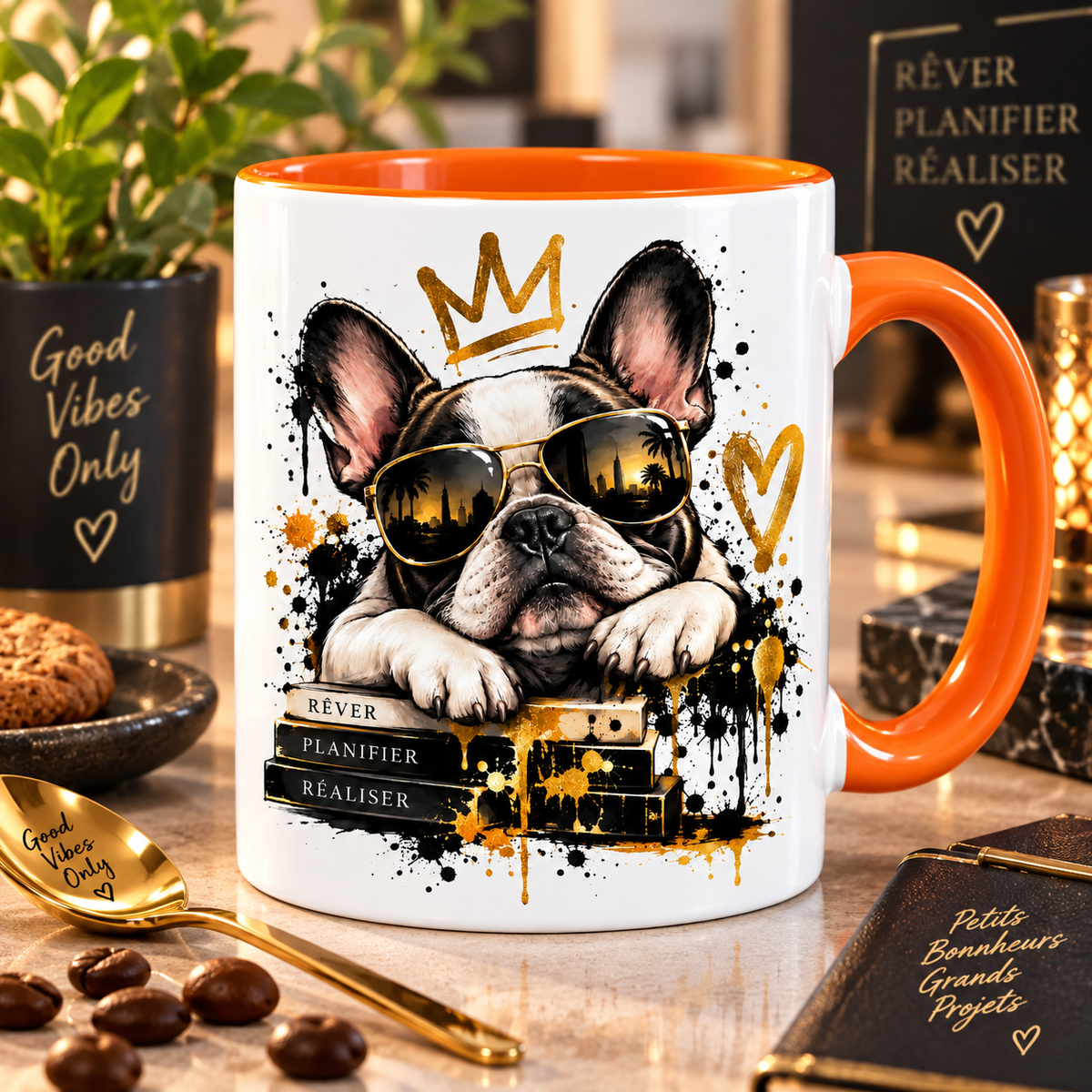 Mug blanc à anse orange, illustration street art noir et or : bouledogue français couronné en lunettes aviateur dorées, pattes posées sur une pile de livres marqués rêver, planifier, réaliser