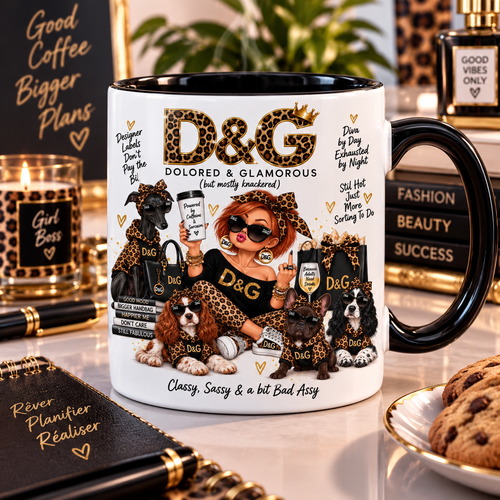 Mug Dolored & Glamorous, illustration glamour léopard, intérieur et anse noirs