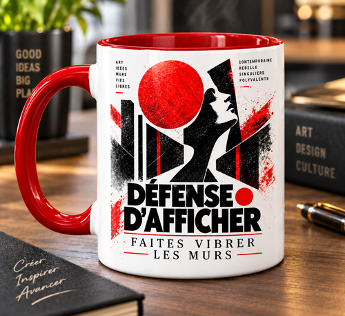 Mug blanc anse rouge : affiche graphique Défense d'afficher, faites vibrer les murs, profil de femme et soleil rouge