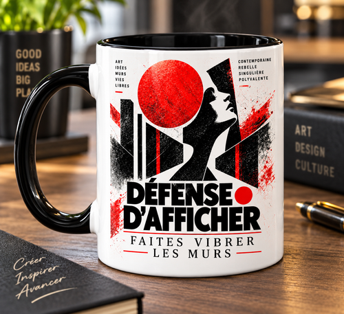 Mug blanc anse noire : affiche graphique Défense d'afficher, faites vibrer les murs, profil de femme et soleil rouge