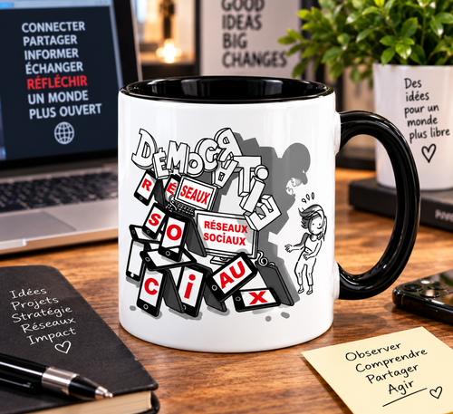 Mug blanc anse noire : le mot Démocratie s'effondre sous une avalanche d'écrans marqués Réseaux sociaux