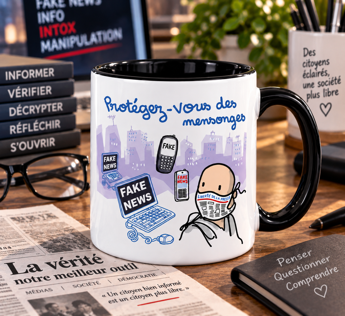 Mug blanc anse noire : personnage masqué par un journal Liberté de la presse face à des écrans Fake News