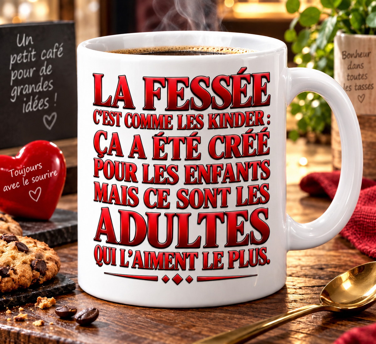 Mug entièrement blanc, punchline humoristique en grand lettrage rouge occupant toute la face