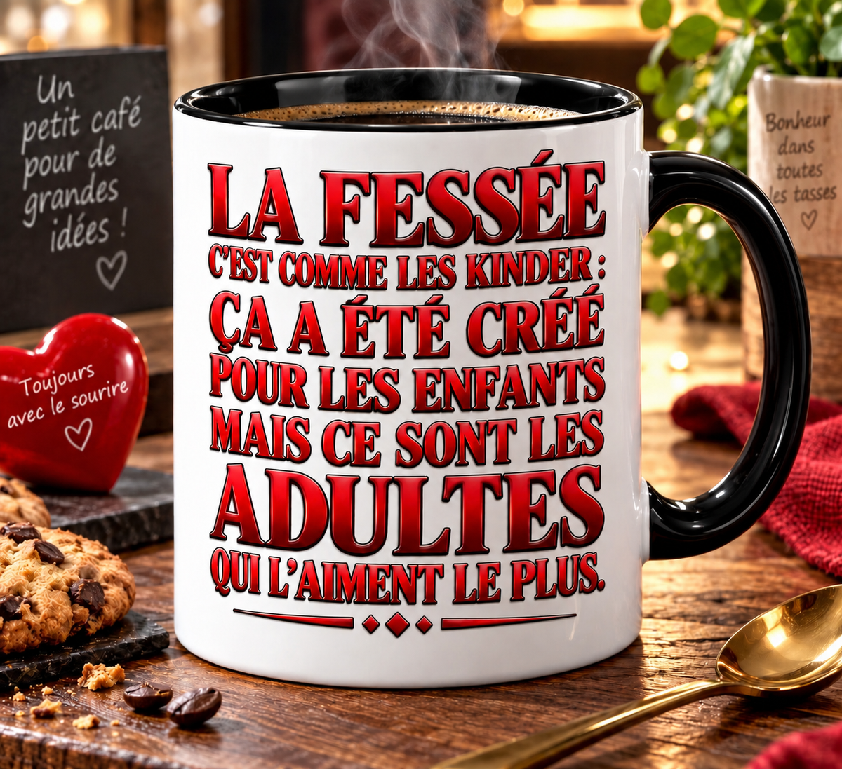 Mug blanc à anse noire, punchline humoristique en grand lettrage rouge occupant toute la face