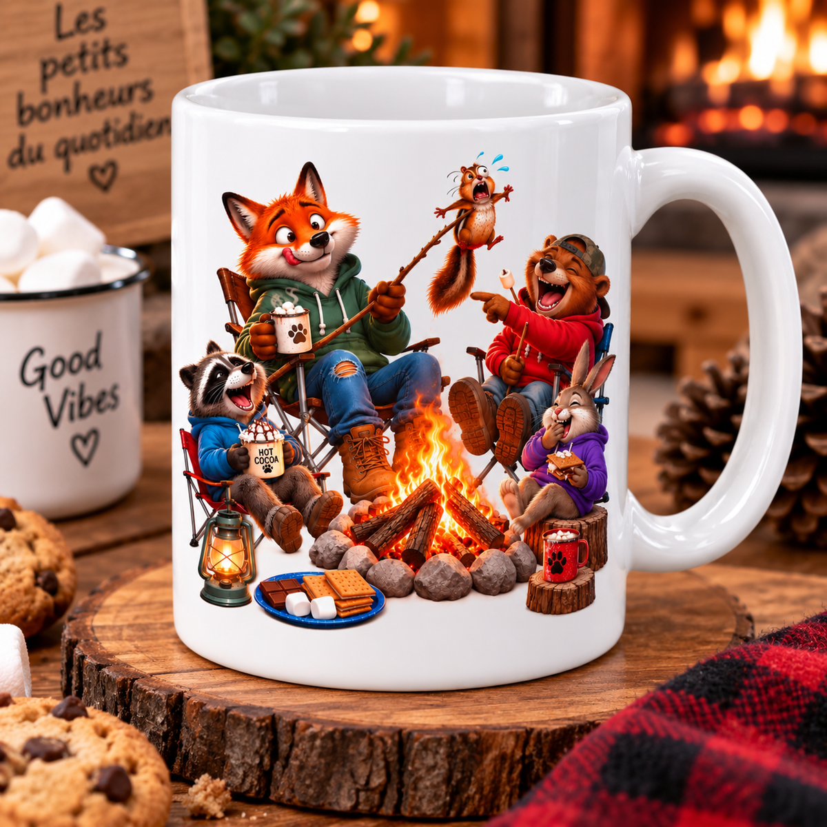 Mug entièrement blanc, illustration humoristique : autour d'un feu de camp, un renard tend un écureuil affolé au-dessus des flammes sous les rires d'un ours, d'un raton laveur et d'un lapin