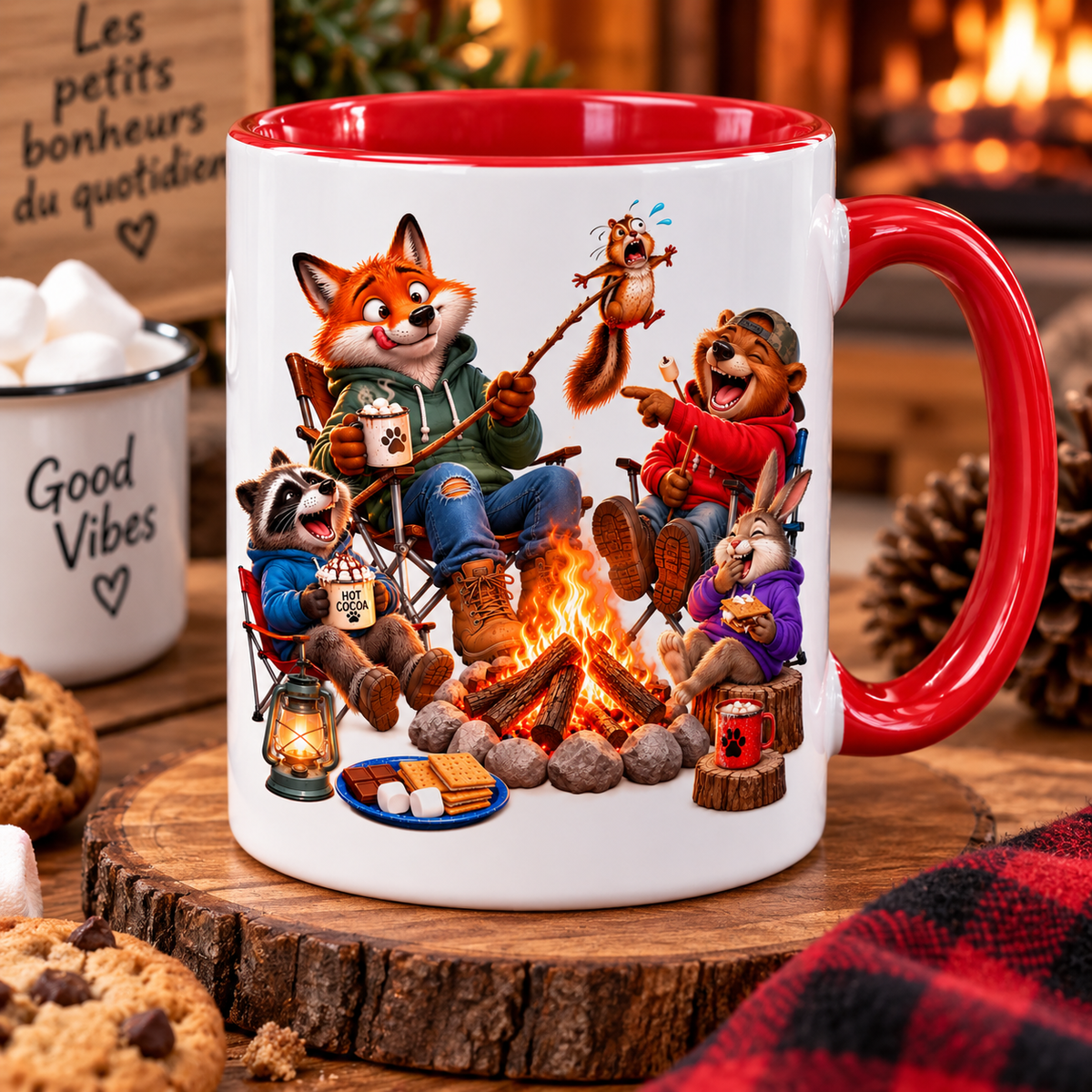 Mug blanc à anse rouge, illustration humoristique : autour d'un feu de camp, un renard tend un écureuil affolé au-dessus des flammes sous les rires d'un ours, d'un raton laveur et d'un lapin