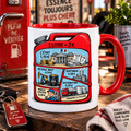 Mug blanc anse rouge : jerrican en coupe détaillant la répartition du prix d'un litre d'essence à 2 euros