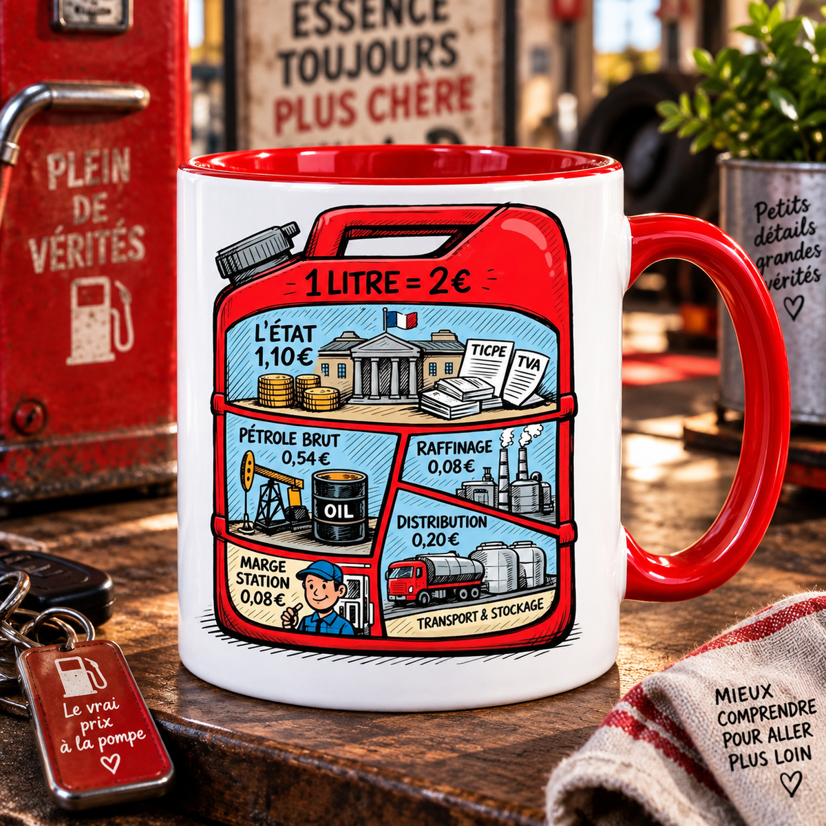 Mug blanc anse rouge : jerrican en coupe détaillant la répartition du prix d'un litre d'essence à 2 euros