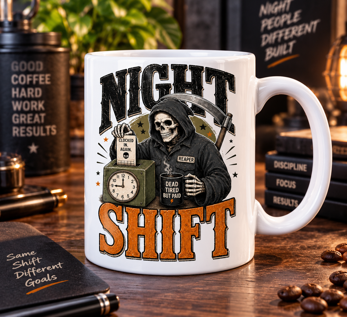 Mug Night Shift avec la Faucheuse au travail de nuit