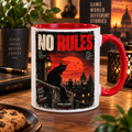 Mug blanc anse rouge : affiche No Rules, chat noir sur un muret devant une ville au soleil rouge