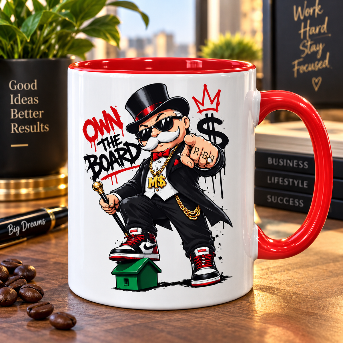 Mug blanc à anse rouge, illustration street art Own The Board : magnat en haut-de-forme et lunettes noires, dollar dégoulinant et couronne rouge