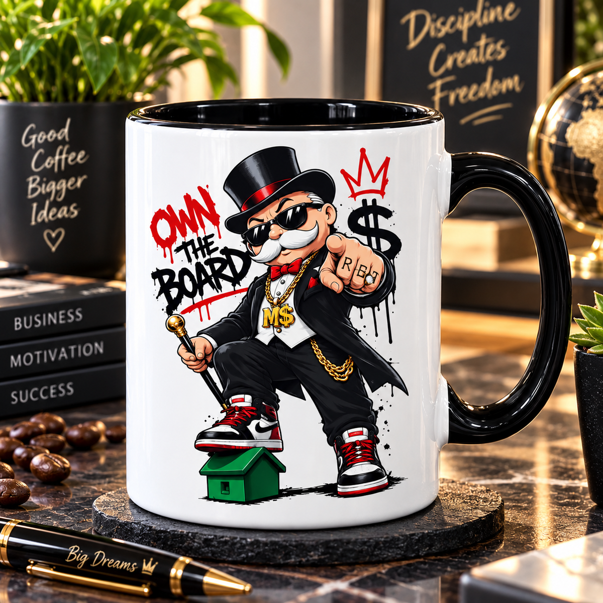 Mug blanc à anse noire, illustration street art Own The Board : magnat en haut-de-forme et lunettes noires, dollar dégoulinant et couronne rouge