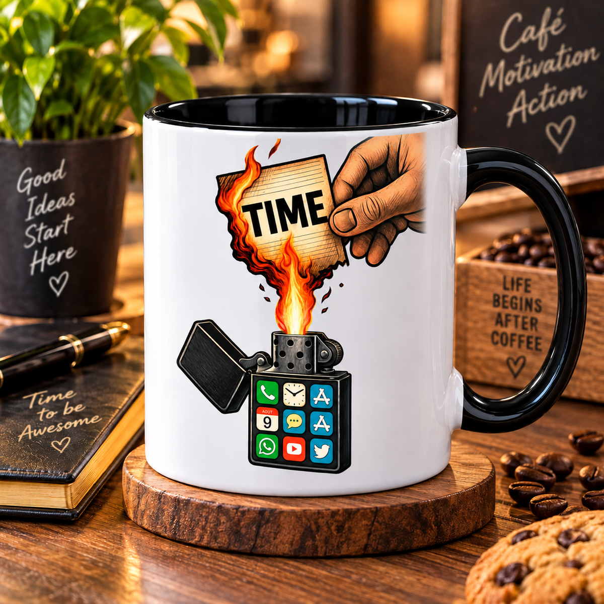 Mug blanc à anse noire, illustration : une main tient une feuille marquée TIME qui brûle, allumée par un briquet dont la façade est un écran de téléphone couvert d'icônes