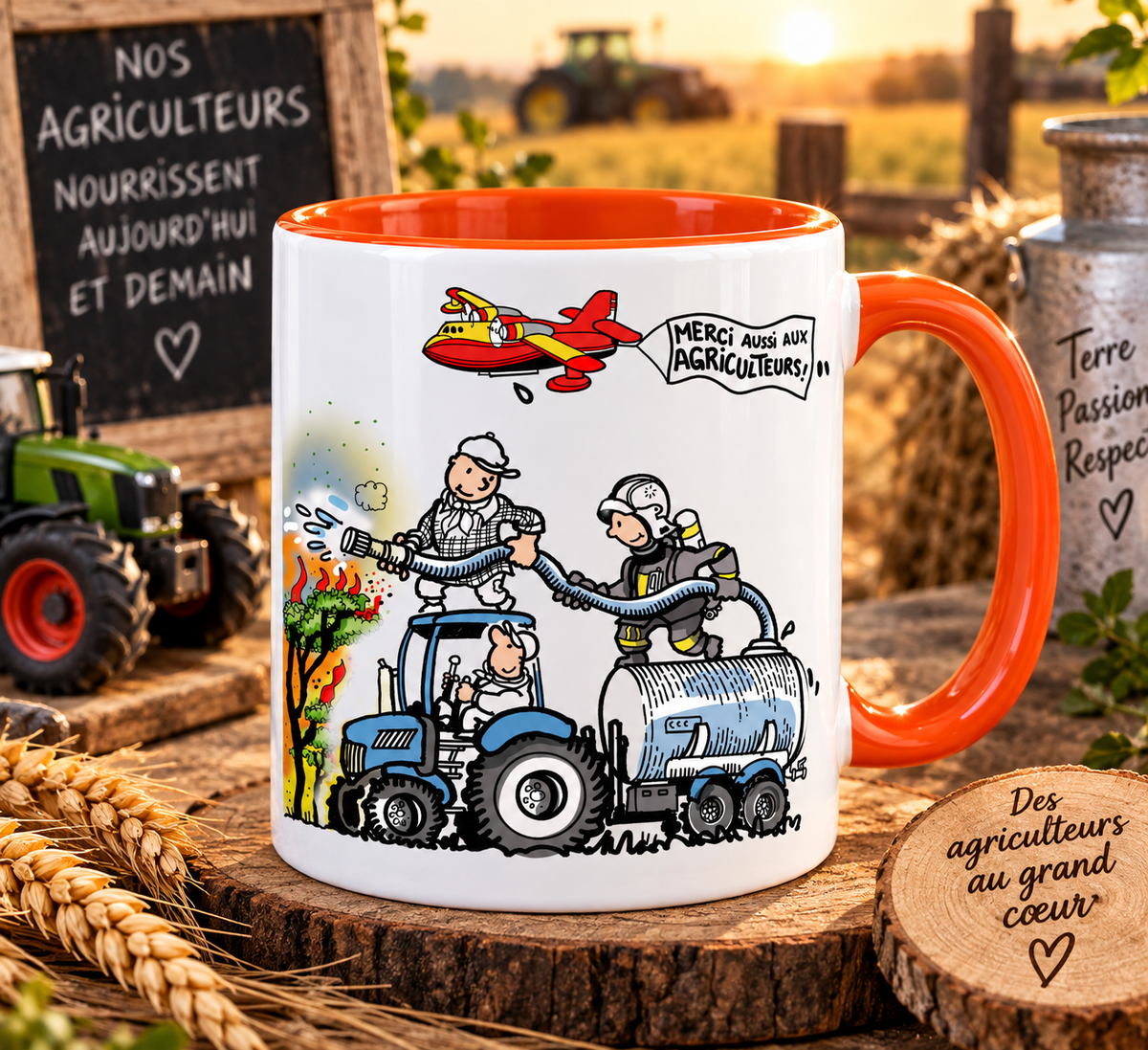 Mug blanc anse orange : un agriculteur sur son tracteur tend une lance à un pompier face à un incendie, banderole Merci aussi aux agriculteurs